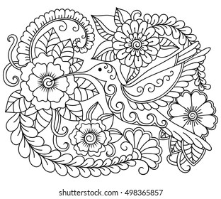 Outline round floral and bird colibri pattern for coloring book page. Antistress for adults and children. Doodle ornament in black and white. Hand draw vector illustration.