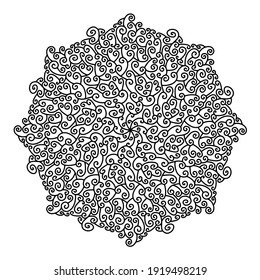 Outline round floral Mandala ornament on white background. Circular spiral pattern for tattoo, wedding decor, henna mehndi, coloring book page, print, anti-stress therapy, yoga. Vector illustration
