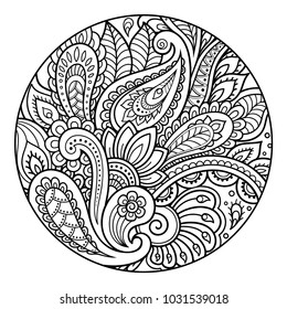 Outline round floral pattern for coloring book page. Antistress for adults and children. Doodle ornament in black and white. Hand draw vector illustration.