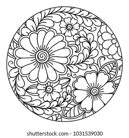 Outline round floral pattern for coloring book page. Antistress for adults and children. Doodle ornament in black and white. Hand draw vector illustration.