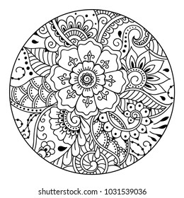 Outline round floral pattern for coloring book page. Antistress for adults and children. Doodle ornament in black and white. Hand draw vector illustration.