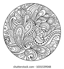 Outline round floral pattern for coloring book page. Antistress for adults and children. Doodle ornament in black and white. Hand draw vector illustration.