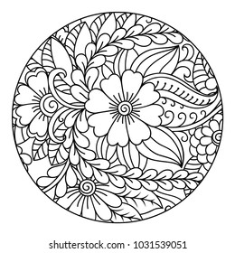 Outline round floral pattern for coloring book page. Antistress for adults and children. Doodle ornament in black and white. Hand draw vector illustration.