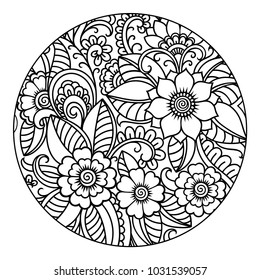 Outline round floral pattern for coloring book page. Antistress for adults and children. Doodle ornament in black and white. Hand draw vector illustration.