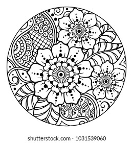 Esbozar el patrón floral redondo para la página del libro de colorear. Antiestrés para adultos y niños. Adornos de perro en blanco y negro. Dibujo manual de ilustración vectorial.