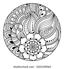 Outline round floral pattern for coloring book page. Antistress for adults and children. Doodle ornament in black and white. Hand draw vector illustration.