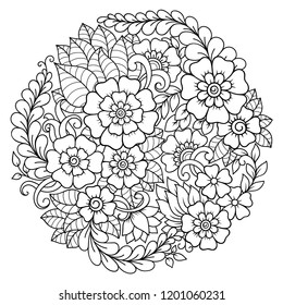 Outline round floral pattern for coloring book page. Antistress for adults and children. Doodle ornament in black and white. Hand draw vector illustration.