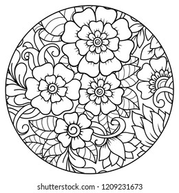 Outline round floral pattern for coloring book page. Antistress for adults and children. Doodle ornament in black and white. Hand draw vector illustration.