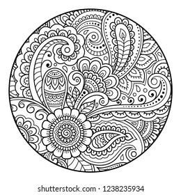 Outline round floral pattern for coloring book page. Antistress for adults and children. Doodle ornament in black and white. Hand draw vector illustration.