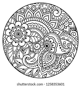 Outline round floral pattern for coloring book page. Antistress for adults and children. Doodle ornament in black and white. Hand draw vector illustration.