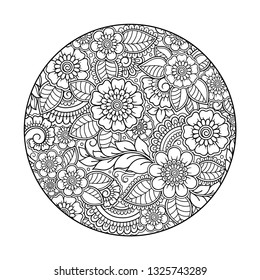 Outline round flower pattern in mehndi style for coloring book page. Antistress for adults and children. Doodle ornament in black and white. Hand draw vector illustration.