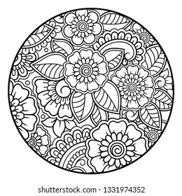 Outline round flower pattern in mehndi style for coloring book page. Antistress for adults and children. Doodle ornament in black and white. Hand draw vector illustration.