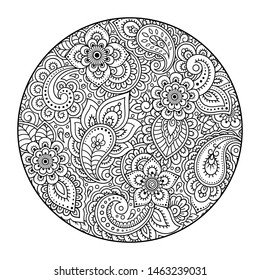 Outline round flower pattern in mehndi style for coloring book page. Antistress for adults and children. Doodle ornament in black and white. Hand draw vector illustration.