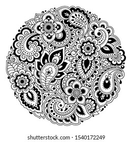 Outline round flower pattern in mehndi style for coloring book page. Antistress for adults and children. Doodle ornament in black and white. Hand draw vector illustration.