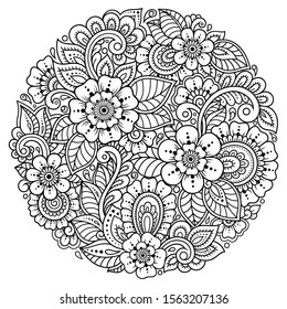 Outline round flower pattern in mehndi style for coloring book page. Antistress for adults and children. Doodle ornament in black and white. Hand draw vector illustration.