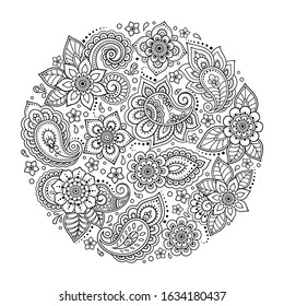 Outline round flower pattern in mehndi style for coloring book page. Antistress for adults and children. Doodle ornament in black and white. Hand draw vector illustration.