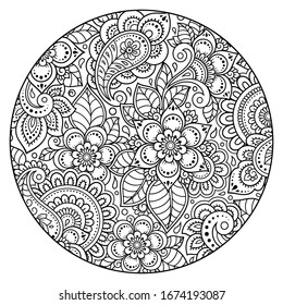 Umrisse runde Blumenmuster im modischen Stil für die Färbung der Buchseite. Antistress für Erwachsene und Kinder. Doodle-Ornament auf Schwarz-Weiß. Vektorillustration von Hand zeichnen.