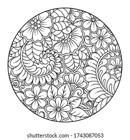 Outline round flower pattern in mehndi style for coloring book page. Antistress for adults and children. Doodle ornament in black and white. Hand draw vector illustration.