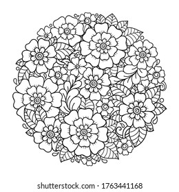 Esquema de patrón de flor redondo en estilo mehndi para la página del libro de coloreado. Antiestrés para adultos y niños. Ornamento de garabato en blanco y negro. Dibujar a mano ilustración vectorial.