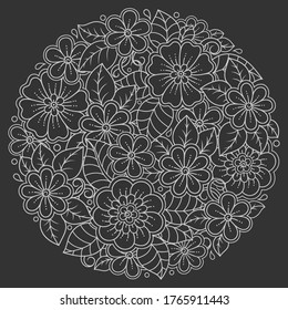 Outline round flower pattern in mehndi style. Doodle ornament in black and white. Hand draw vector illustration. Art is stylized chalk pattern.