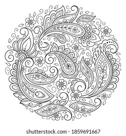 Outline round flower pattern in mehndi style for coloring book page. Antistress for adults and children. Doodle ornament in black and white. Hand draw vector illustration.