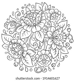 Outline round flower pattern in mehndi style for coloring book page. Antistress for adults and children. Doodle ornament in black and white. Hand draw vector illustration.