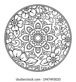 Umrisse runde Blumenmuster im modischen Stil für die Färbung der Buchseite. Antistress für Erwachsene und Kinder. Doodle-Ornament auf Schwarz-Weiß. Handziehen, Vektorgrafik.