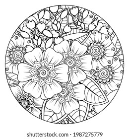 Outline round flower pattern in mehndi style for coloring book page. doodle ornament in black and white. hand draw illustration.