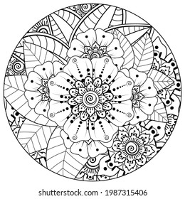 Outline round flower pattern in mehndi style for coloring book page. doodle ornament in black and white. hand draw illustration.