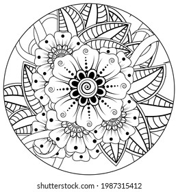 Outline round flower pattern in mehndi style for coloring book page. doodle ornament in black and white. hand draw illustration.