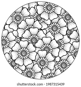 Outline round flower pattern in mehndi style for coloring book page. doodle ornament in black and white. hand draw illustration.