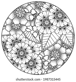 Outline round flower pattern in mehndi style for coloring book page. doodle ornament in black and white. hand draw illustration.