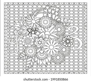 Outline round flower pattern in mehndi style for coloring book page. Antistress for adults and children. Doodle ornament in black and white. Hand draw vector illustration.