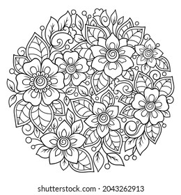 Outline round flower pattern in mehndi style for coloring book page. Antistress for adults and children. Doodle ornament in black and white. Hand draw vector illustration.