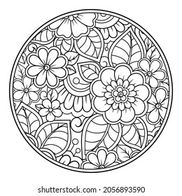 Outline round flower pattern in mehndi style for coloring book page. Antistress for adults and children. Doodle ornament in black and white. Hand draw vector illustration.