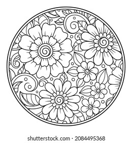 Outline round flower pattern in mehndi style for coloring book page. Antistress for adults and children. Doodle ornament in black and white. Hand draw vector illustration.