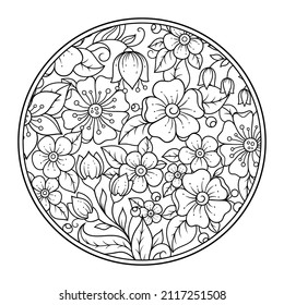 Esquema de patrón de flor redondo en estilo mehndi para la página del libro de coloreado. Antiestrés para adultos y niños. Ornamento de garabato en blanco y negro. Dibujar a mano ilustración vectorial.