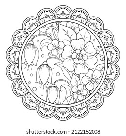 Outline round flower pattern in mehndi style for coloring book page. Antistress for adults and children. Doodle ornament in black and white. Hand draw vector illustration.