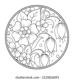 Outline round flower pattern in mehndi style for coloring book page. Antistress for adults and children. Doodle ornament in black and white. Hand draw vector illustration.