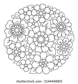 Outline round flower pattern in mehndi style for coloring book page. Antistress for adults and children. Doodle ornament in black and white. Hand draw vector illustration.