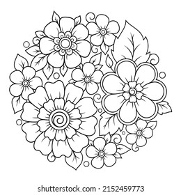 Outline round flower pattern in mehndi style for coloring book page. Antistress for adults and children. Doodle ornament in black and white. Hand draw vector illustration.