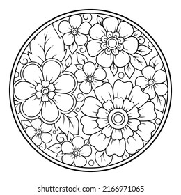 Outline round flower pattern in mehndi style for coloring book page. Antistress for adults and children. Doodle ornament in black and white. Hand draw vector illustration.