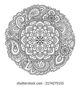 Outline round flower pattern in mehndi style for coloring book page. Antistress for adults and children. Doodle ornament in black and white. Hand draw vector illustration.