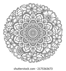 Outline round flower pattern in mehndi style for coloring book page. Antistress for adults and children. Doodle ornament in black and white. Hand draw vector illustration.