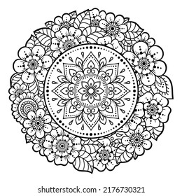 Outline round flower pattern in mehndi style for coloring book page. Antistress for adults and children. Doodle ornament in black and white. Hand draw vector illustration.