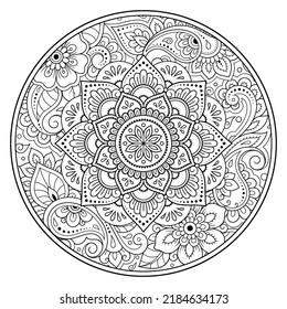 Outline round flower pattern in mehndi style for coloring book page. Antistress for adults and children. Doodle ornament in black and white. Hand draw vector illustration.