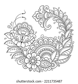 Outline round flower pattern in mehndi style for coloring book page. Antistress for adults and children. Doodle ornament in black and white. Hand draw vector illustration.