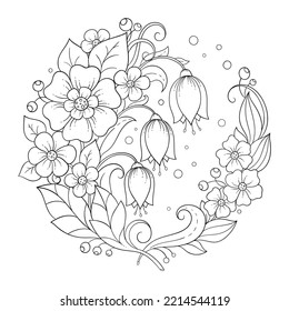 Outline round flower pattern in mehndi style for coloring book page. Antistress for adults and children. Doodle ornament in black and white. Hand draw vector illustration.