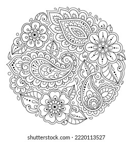 Esquema de patrón de flor redondo en estilo mehndi para la página del libro de coloreado. Antiestrés para adultos y niños. Ornamento de garabato en blanco y negro. Dibujar a mano ilustración vectorial.