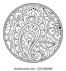 Outline round flower pattern in mehndi style for coloring book page. Antistress for adults and children. Doodle ornament in black and white. Hand draw vector illustration.
